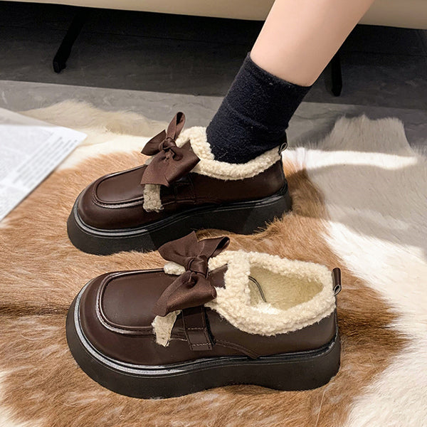 Thick-Soled Sponge Cake Bow Warm Small Leather Shoes