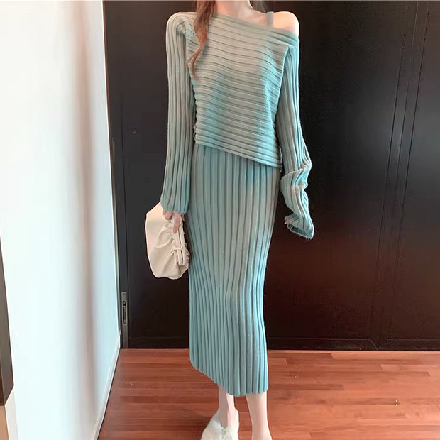 Long Sleeve Sweater Knit Dress Two Piece Set