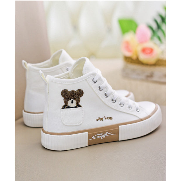 Embroidered bear high-top casual canvas shoes