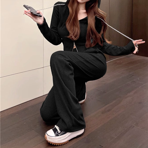 Zipper hooded irregular top casual pants set