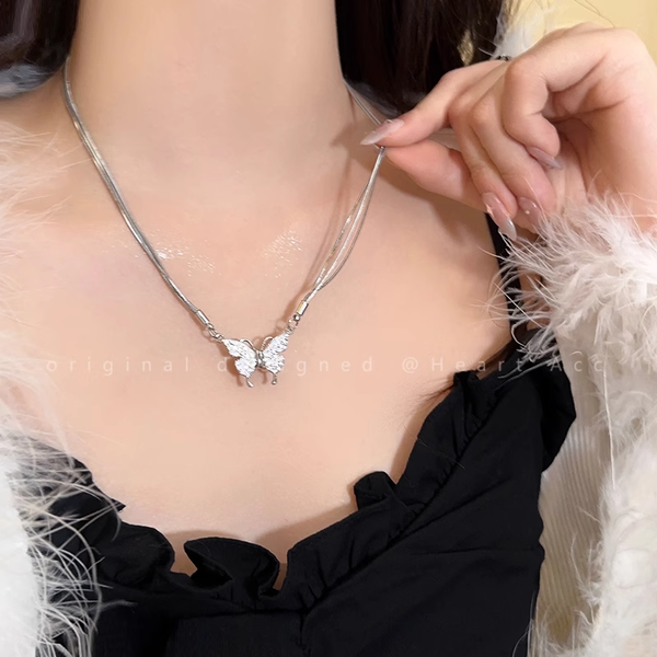 Double Layer Full Diamond Butterfly Clavicle Chain Necklace