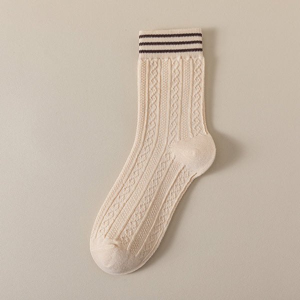 Striped Textured Mid-Calf Cotton Socks