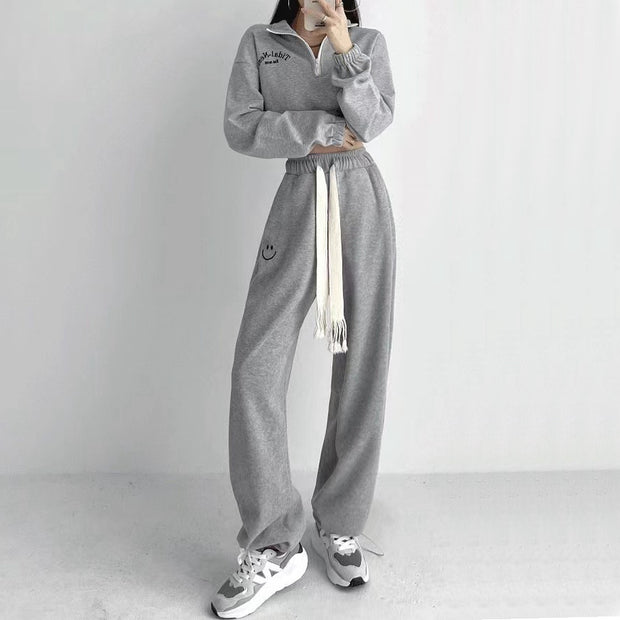 Zipper cropped sweatshirt elastic waist pants set