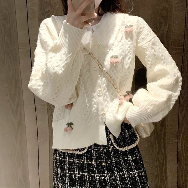 Cherry Lace Round Neck Button Knit Cardigan