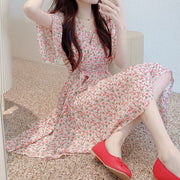 Waisted short-sleeved chiffon v-neck floral dress