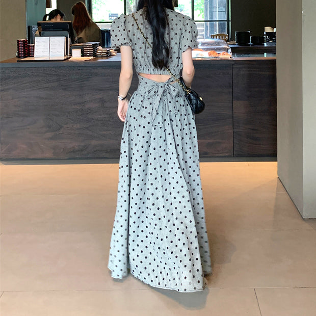 Polka dot puff sleeve v-neck top lace-up skirt set
