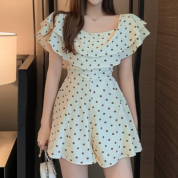 Ruffled polka dot waist slim jumpsuit shorts