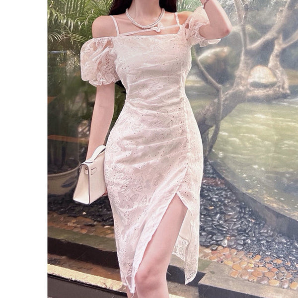 70% Puff Sleeve Butterfly White Slit Slim Cocktail Dress