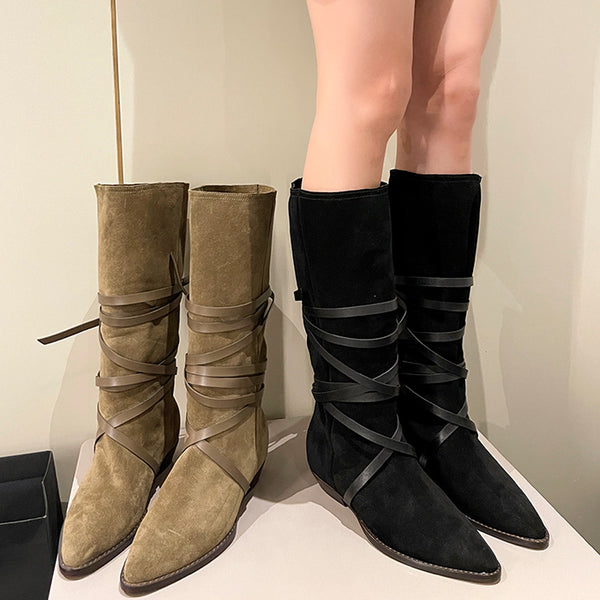 Pointed Toe Knight Nubuck Suede Thick Heel Cowboy Boots