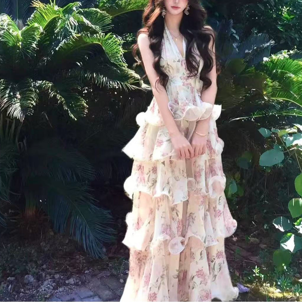 Chiffon Floral Halter Neck Vacation Dress