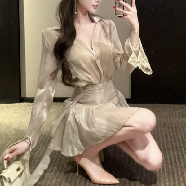Two-Piece Set of Shimmering Satin Lace-Sleeved Shirt and Skirt