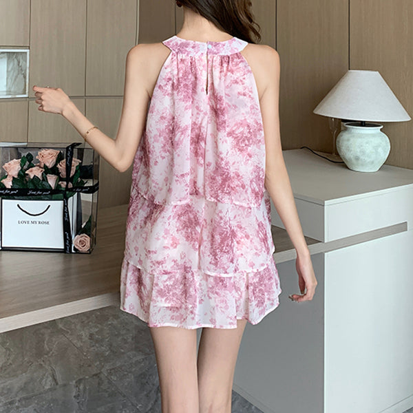 Ink Printing Round Neck A-Line Top Skirt Set
