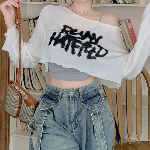 Letter Printed Sun Protection T-Shirt Crop Top