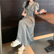 Polka dot puff sleeve v-neck top lace-up skirt set