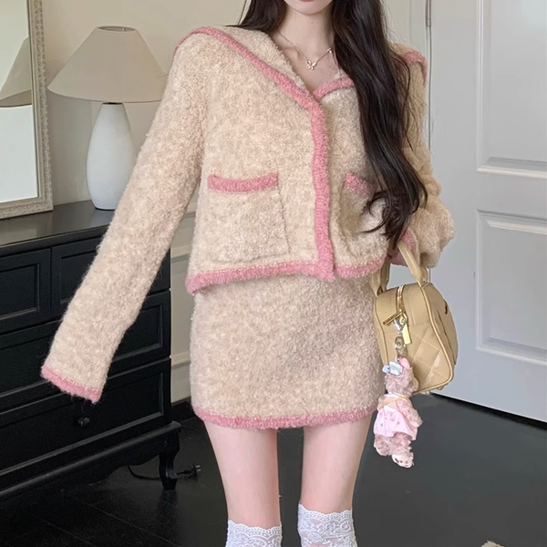 Pocket Lapel Jacket Knitted Woolen Skirt Set