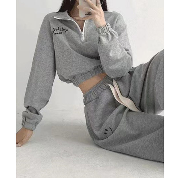 Zipper cropped sweatshirt elastic waist pants set