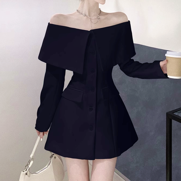 Off-Shoulder Waisted Long-Sleeved Suit Dress