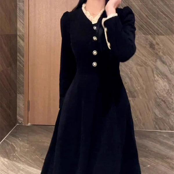 Black Inner Wear Ruffled Long-Sleeved Dress