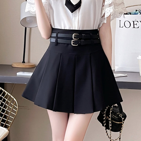 Double Belt High Waist Solid Color Pleated Skirt