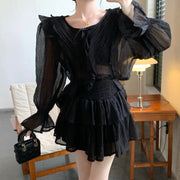 Trumpet sleeve tie shirt high waist cake skirt set