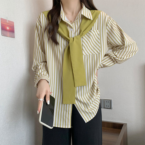 Fake Two-Piece Striped Shirt With Shawl Stitching