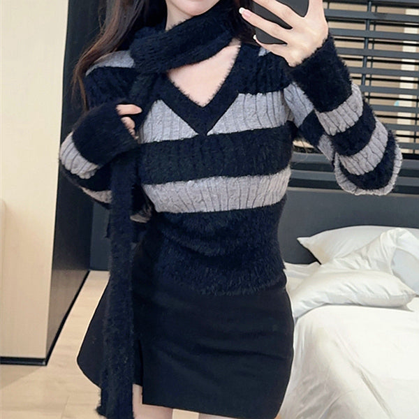Mohair Striped V-Neck Knitted Sweater Scarf