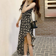 Irregular slit black slim floral sling dress