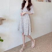 Waisted short-sleeved chiffon v-neck floral dress