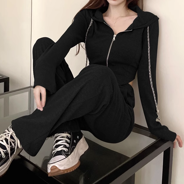 Zipper hooded irregular top casual pants set