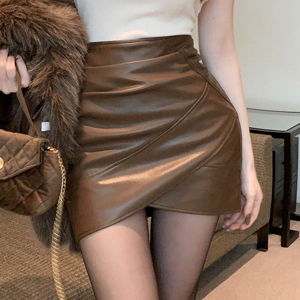 High-Waisted Irregular Pleated Hip-Covering Leather Skirt