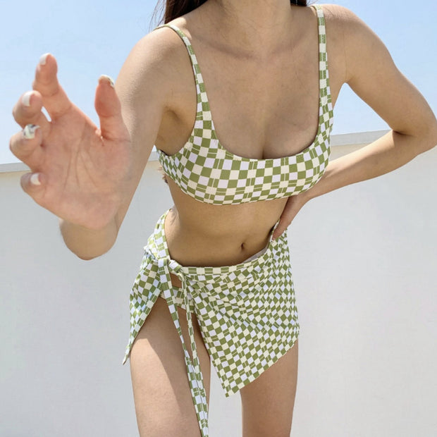 Diamond plaid high waist bikini three-piece set