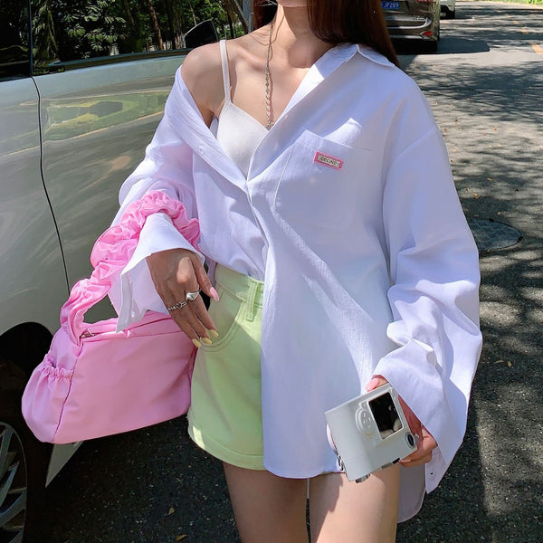 Loose Cotton Casual Long-Sleeved Pink Cardigan Shirt