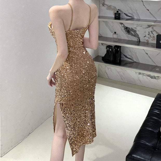 Slit Sequin Waist Halter Neck Prom Dress