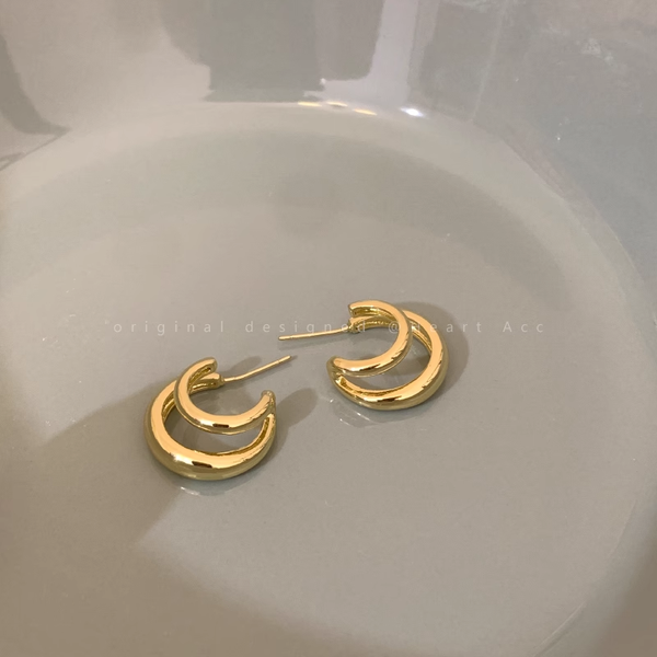 Double Layer Circle C-Shaped Metal Plain Hoop Stud Earrings