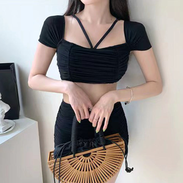 Ruched halter neck solid two-piece swimsuit
