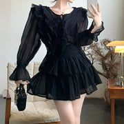 Trumpet sleeve tie shirt high waist cake skirt set