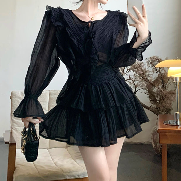 Trumpet sleeve tie shirt high waist cake skirt set