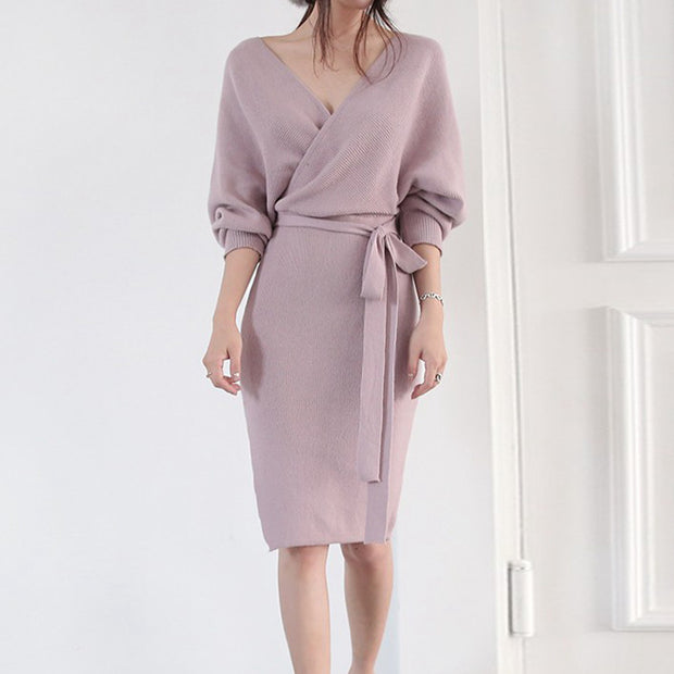 V-Neck Lace-Up Long-Sleeve Knitted Dress