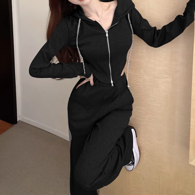 Zipper hooded irregular top casual pants set