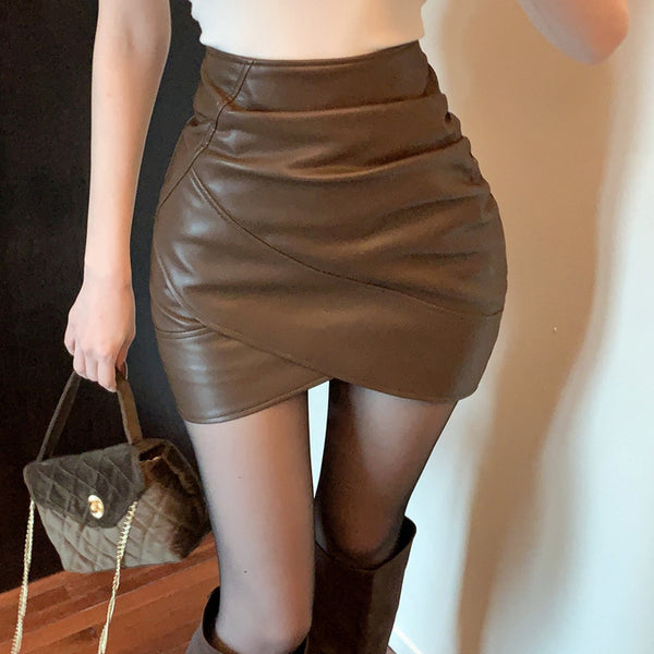 High-Waisted Irregular Pleated Hip-Covering Leather Skirt