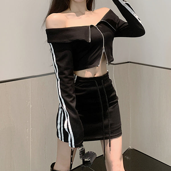 Off-Shoulder Top Striped Elastic Waist Skirt Set