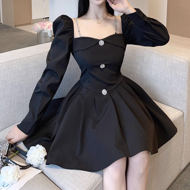 Long Sleeve Square Neck Button A-Line Dress