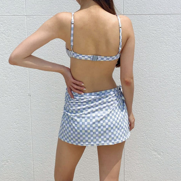 Diamond plaid high waist bikini three-piece set