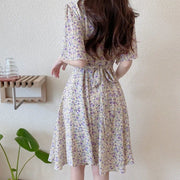 Waisted short-sleeved chiffon v-neck floral dress
