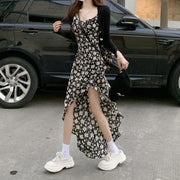Irregular slit black slim floral sling dress