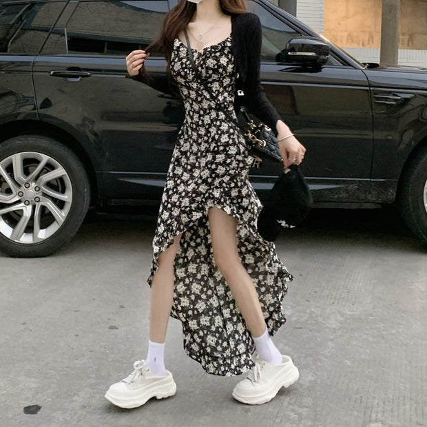 Irregular slit black slim floral sling dress