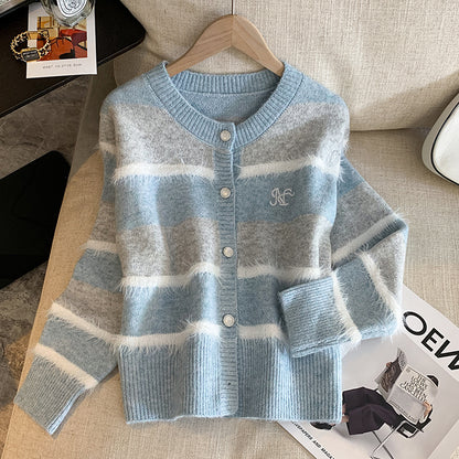 French Retro Colorful Striped Cardigan Jacket