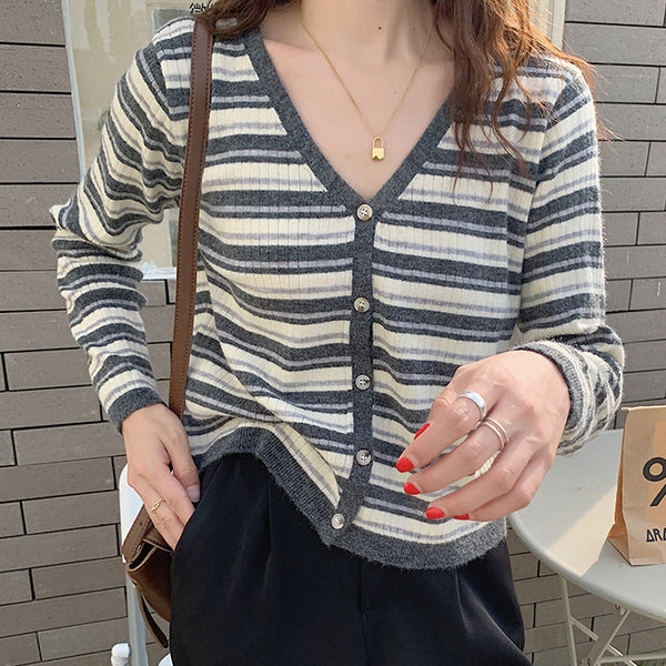 Striped V-Neck Button Long-Sleeve Knit Cardigan