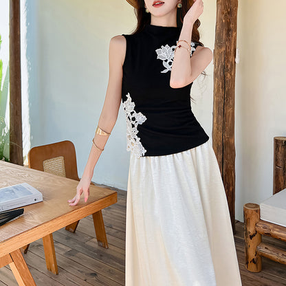 Sleeveless Knitted Lace-Trimmed Top And High-Waisted Skirt Two-Piece Set