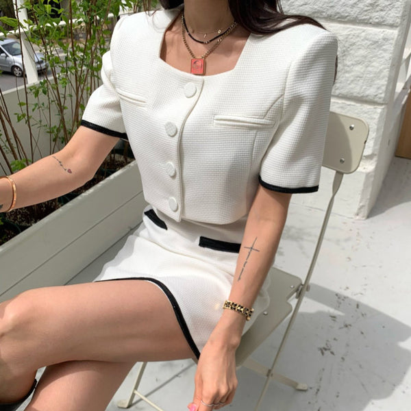 Square Collar Button-Up Top Contrast Color Skirt Set